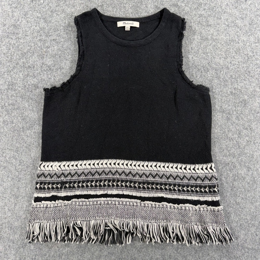 Madewell XXS Black White Geometric Fringe Knit Sleeveless Sweater Top Shell